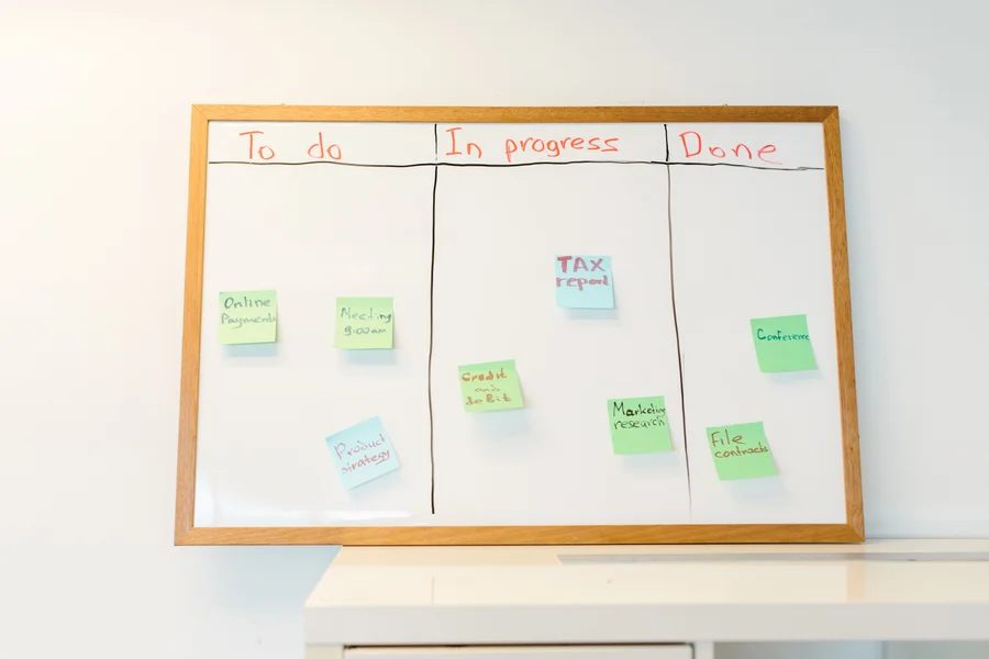 A project planning whiteboard with color-coded sticky notes organized into to-do, in-progress, and done columns
